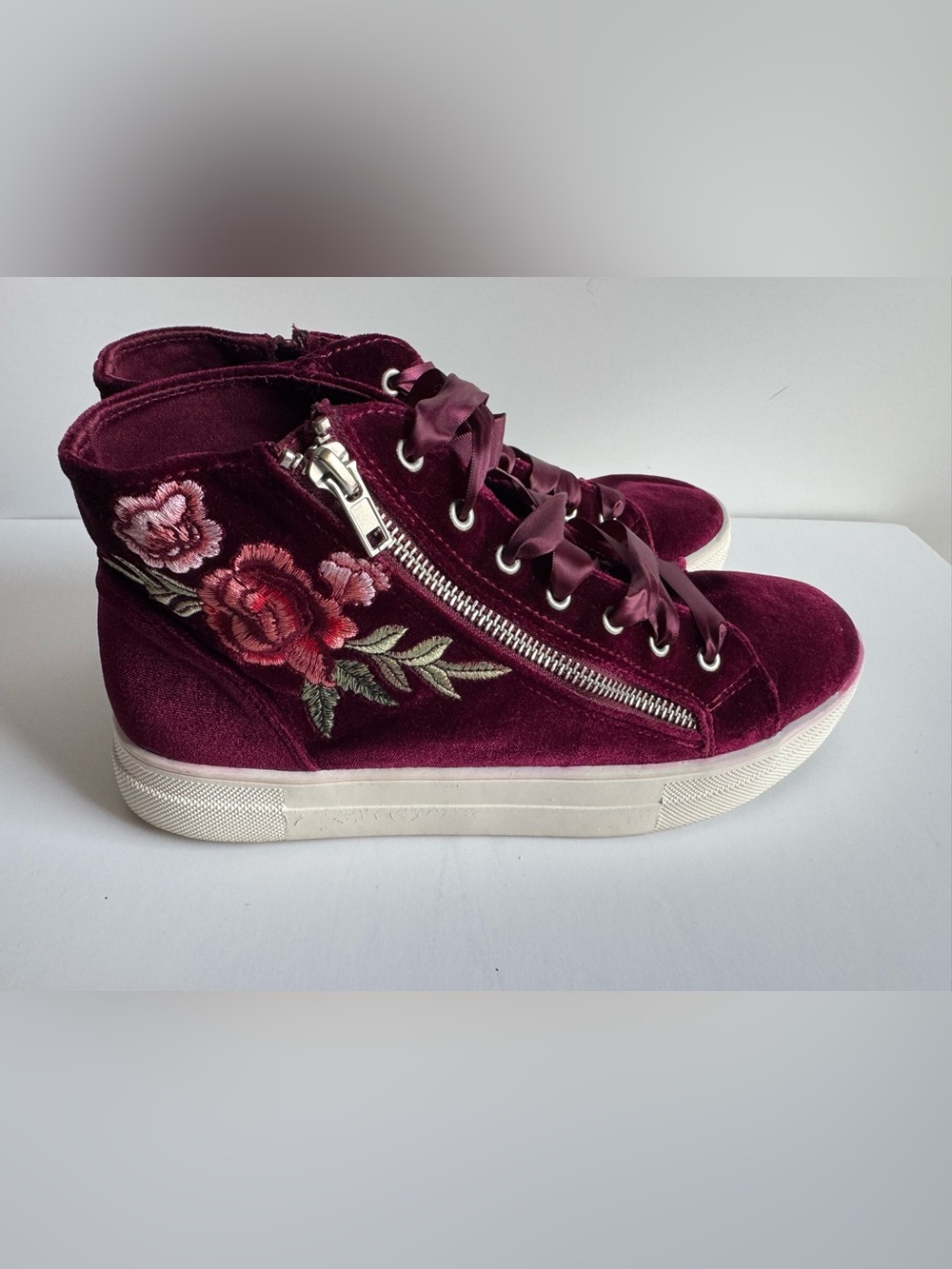 Bebe Sport Burgundy Velvet High-Top Sneakers with Floral Embroidery